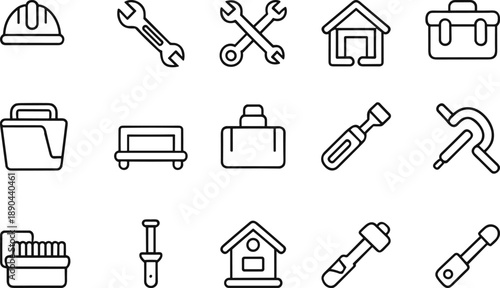 Construction tools and repair line icons set, helmet, wrench, toolbox, screwdriver, home service symbols collection for maintenance work