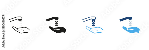 Handwashing Under Faucet Line And Solid Icon Set. Hygiene, Sanitation, And Cleanliness Promotion Outline And Silhouette Symbol Collection. Health And Safety Awareness. Isolated Vector Illustration
