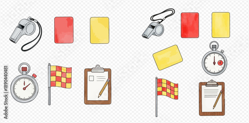 Watercolor style football referee equipment set with whistle, red and yellow cards, stopwatch, flag, and clipboard.