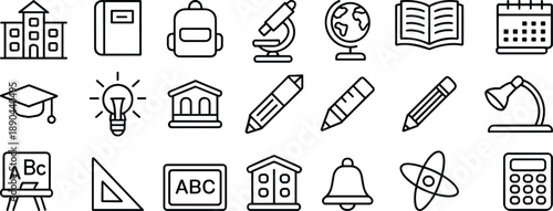 Education and school line icons set, classroom supplies, globe, microscope, book, backpack, calculator symbols collection for learning