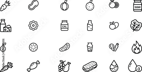 Minimal food and nutrition line icons set, healthy diet symbols collection, vector outline pictograms for cooking, grocery, calorie tracking