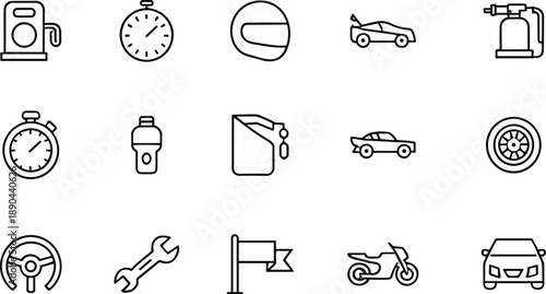 Motorsport racing line icons set, fuel pump, stopwatch, helmet, race car, motorcycle, tire, wrench, flag symbols collection