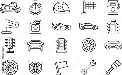Racing and motorsport line icons set, car, motorcycle, helmet, stopwatch, checkered flag, pit tools, speed symbols collection