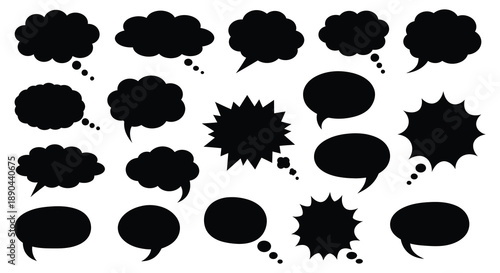 A collection of diverse black speech bubbles and thought balloons arranged against a white background presented as a silhouette high quality