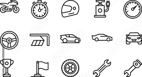 Motorsport racing line icons set, motorcycle, helmet, stopwatch, fuel pump, steering wheel, tire, trophy, tools symbols collection