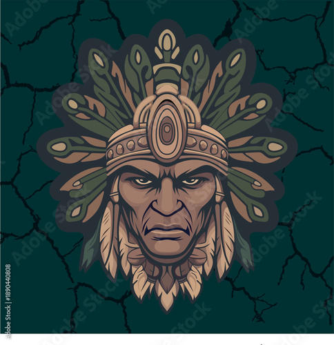 Tribal mask warrior indian with stern face surrounded by stylized leaves and ornamental ethnic details on a dark stylized camouflage background-11