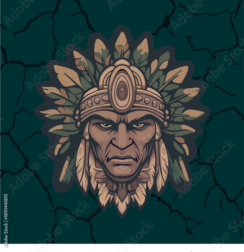 Tribal mask warrior indian with stern face surrounded by stylized leaves and ornamental ethnic details on a dark stylized camouflage background-13