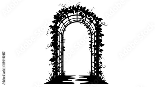 A black silhouette of an archway covered in vines and plants