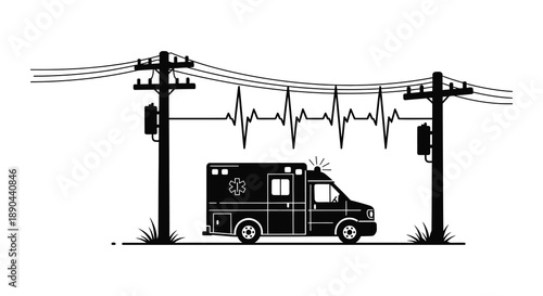 An ambulance drives beneath electrical wires with a heartbeat waveform displayed a striking black silhouette high quality professional detailed modern elegant