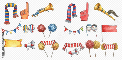 Watercolor collection of sports fan accessories including scarves, foam fingers, horns, banners, and pom-poms for cheering.