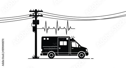 An ambulance drives beneath power lines displaying a heart rate monitor in a striking black silhouette high quality professional detailed modern