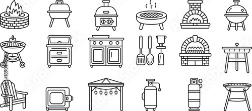 BBQ and outdoor cooking line icons set, grill, fire pit, oven, kitchen tools, propane tank, patio furniture collection