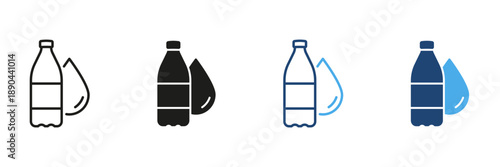 Water Bottle With Droplet Line And Solid Icon Set. Hydration, Refreshment, And Beverage Consumption Outline And Silhouette Symbol Collection. Isolated Vector Illustration