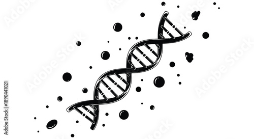 A striking black and white illustration depicts a dna double helix with scattered dots presented as a silhouette high quality professional