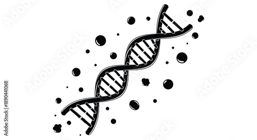 A striking black and white illustration depicts a dna double helix with scattered dots creating a bold silhouette high quality professional