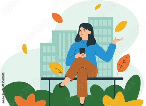 Happy young woman sitting on park bench using smartphone with falling autumn leaves and city buildings background, seasonal lifestyle flat vector illustration concept