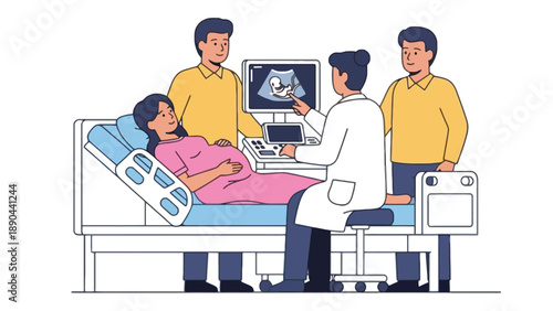 A doctor performing an ultrasound on a pregnant woman with two men present