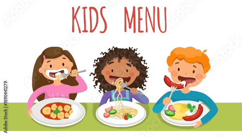 Three happy kids enjoying a meal from the kids menu