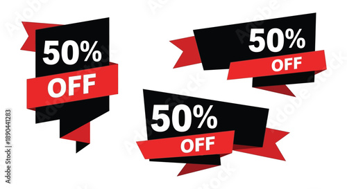 Three vibrant red and black sale banners displaying 50 off text creating a dynamic promotional graphic silhouette high quality professional detailed