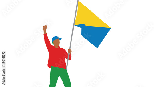 A cartoon man proudly holding a yellow and blue flag