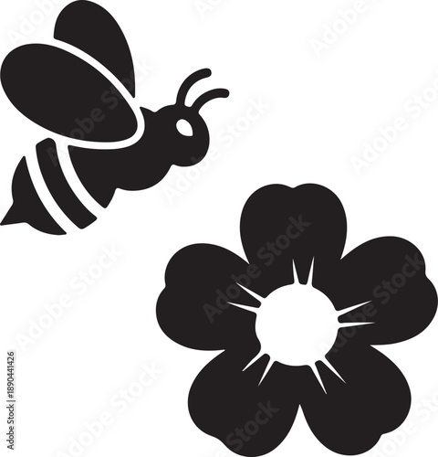 Silhouette of a bee flying near a flower isolated on a transparent background
