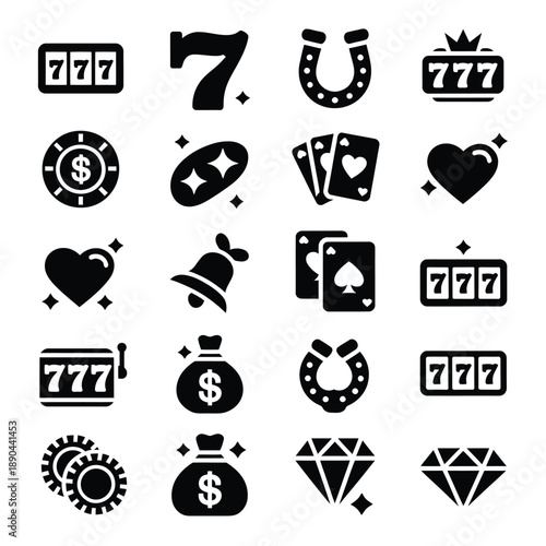 Black silhouettes depicting various casino and gambling related symbols