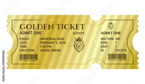 Golden ticket mockup with "Admit One" text and royal lion logo. Luxury VIP pass vector illustration for cinema, concert, or theater event. Isolated golden coupon on white background