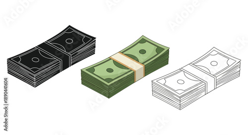 Three stacks of money are displayed in differing color schemes including a stark black silhouette high quality professional detailed modern elegant