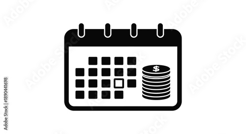 A black silhouette of a calendar with a dollar sign representing financial dates and scheduling silhouette high quality professional detailed modern