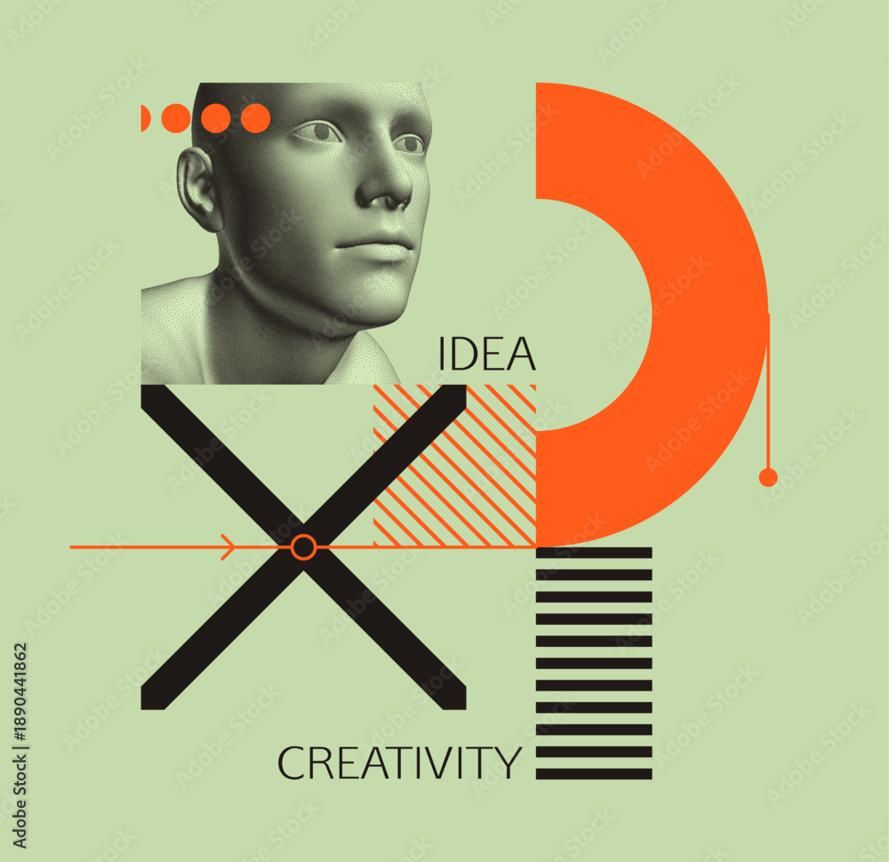 Obraz premium Discovery, studying and learning concept. Time to think. Man scientist thinking. Art composition. Geometrical background. Digital human head constructing from dots. Cover design template. Vector.