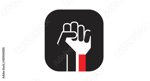 Black and white clenched fists icon with red accent.