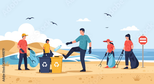 Group of people cleaning the beach and collecting trash.