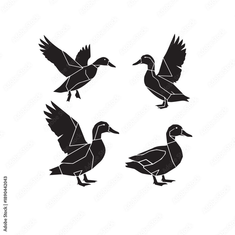Fototapeta premium Geometric Duck Vector Silhouette Black and WhiteMinimalist Duck Illustration Set VectorAbstract Duck Shape Black White Vector