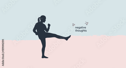 Woman kicking away negative thoughts with martial arts.