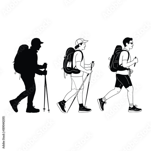 Three hikers with backpacks and trekking poles walking in silhouette