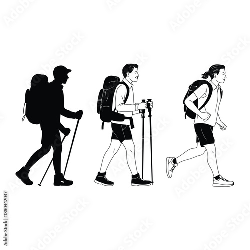 Three hikers with backpacks and trekking poles shown in silhouette