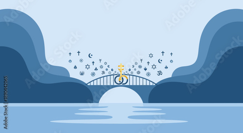 Person standing on a bridge over water with symbols and shapes surrounding them.