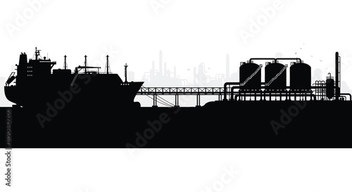 A stark black silhouette depicts a ship industrial structures and a city skyline against a bright white backdrop silhouette high quality