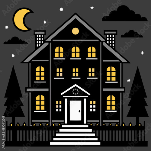 Haunted mansion under moonlit sky