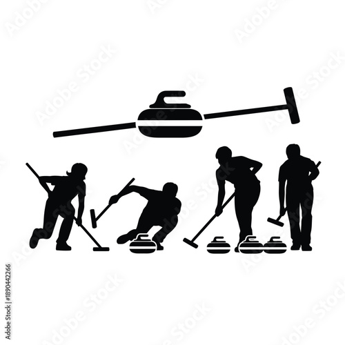 Silhouettes of curling players sweeping stones on an ice rink