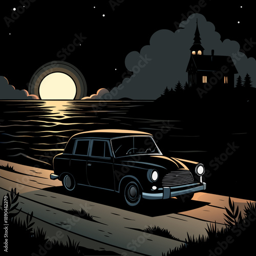 Vintage car driving at night