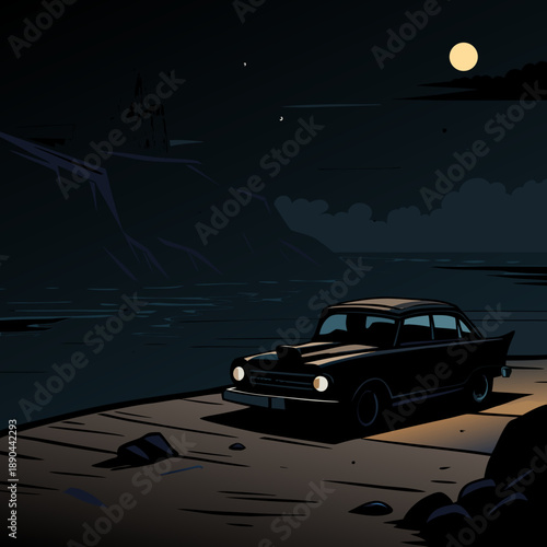 Classic car by the moonlit shore