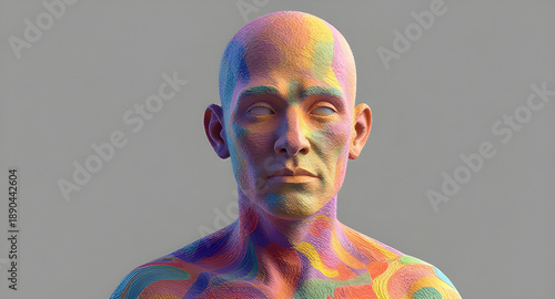 A bald head and upper body are covered in colorful painted patterns with smooth gradients and vivid swirling shapes set against a plain gray background for a modern look