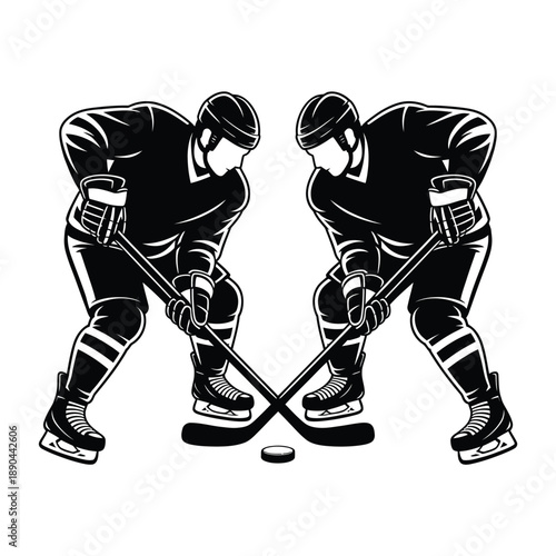 Two hockey players facing off over a puck in a graphic style