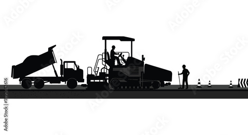 Road construction scene depicting a dump truck paver and workers all rendered as a striking silhouette high quality professional detailed modern