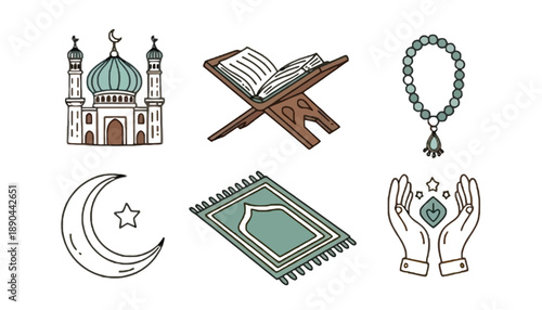 A collection of Islamic symbols and objects for Ramadan or Eid celebrations