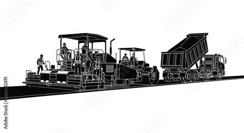A detailed illustration depicts road paving machinery including a paver and dump truck rendered as a striking silhouette high quality professional