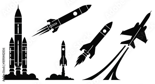 A collection of space rockets and fighter jets depicted in stark black creating a dramatic silhouette high quality professional detailed modern