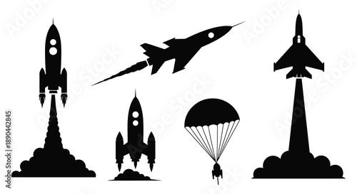A collection of black silhouettes depicting rockets a jet a parachute and space travel against a white background silhouette high quality