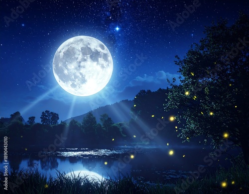 Magical moonlit scenery above calm water high resolution wallpaper